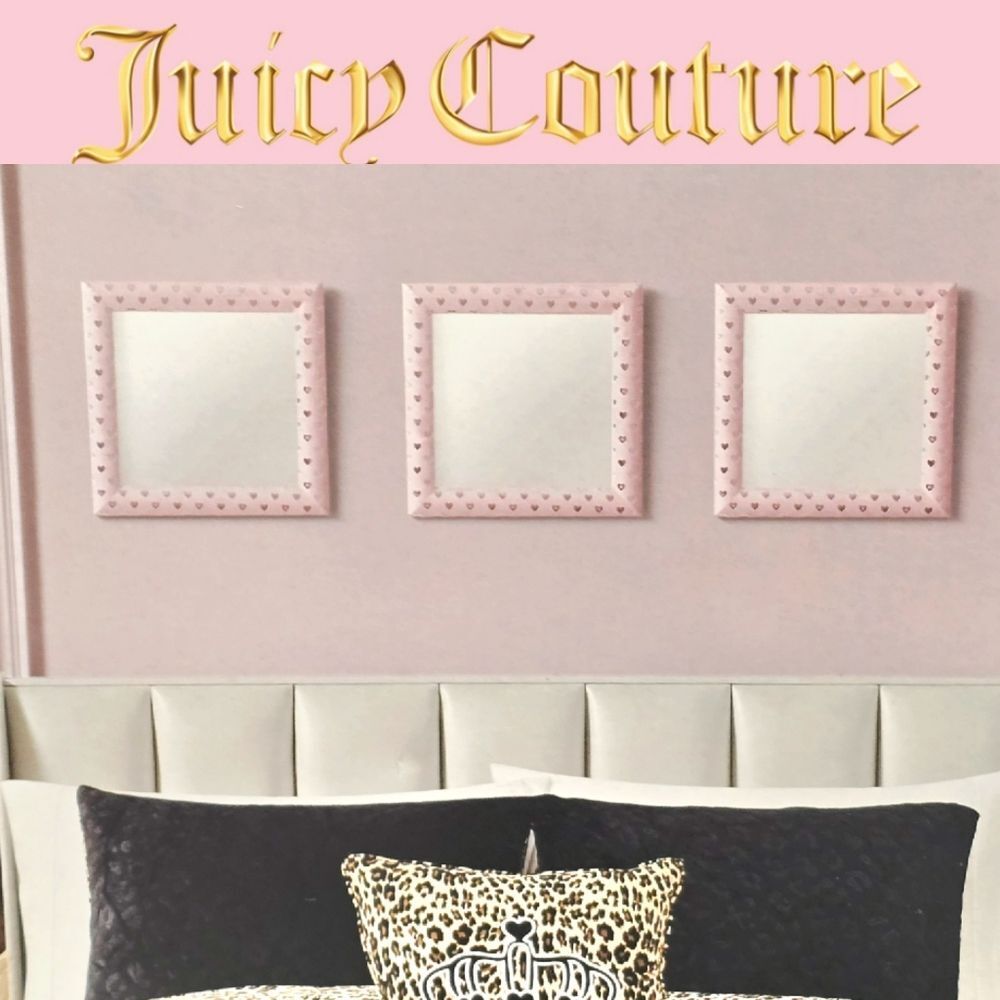 Juicy Couture Home 3-PK Silver Foil Heart Pink Velour Decorative Mirror Set‎